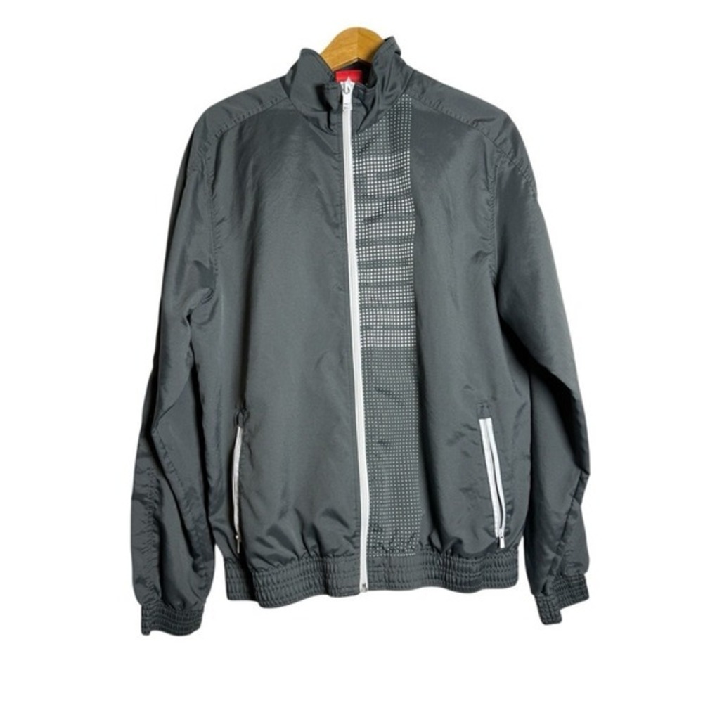 Puma Track‎ Jacket Mens Medium Pre-Owned Windbreaker Gray White Graphic Full Zip